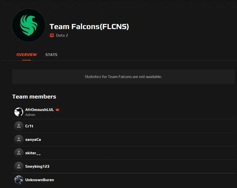 Тег Falcons з Dota 2 було зареєстровано на Faceit
