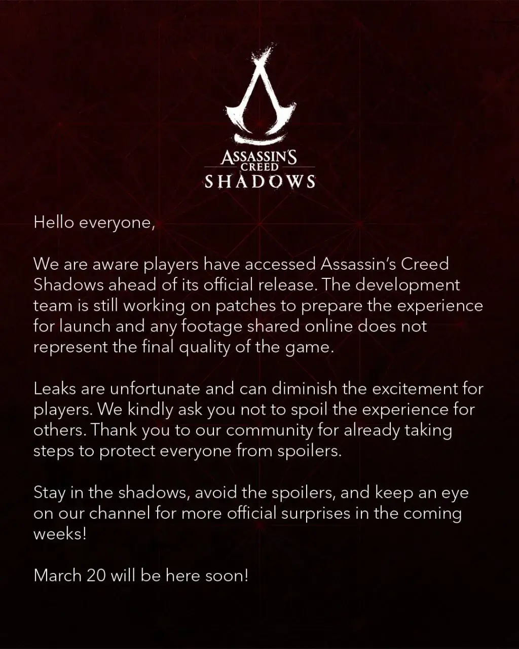 Ubisoft звернулася до шанувальників із проханням не звертати увагу на витік Assassin’s Creed Shadows