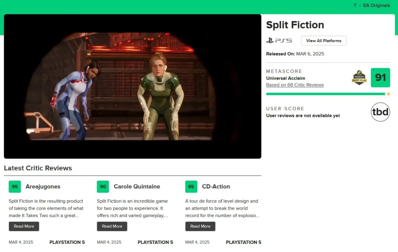 Split Fiction отримала 91 зі 100 від критиків